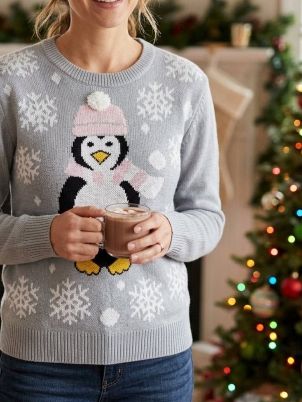 Happy Holidays Women's Grey Knit Christmas Penguin Sweater Size SP Long Sleeves
